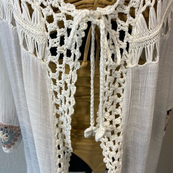 BATHING SUIT COVER-UP Embroidered Details & Fringe Women's Sz L White Boho Beach - Picture 7 of 10